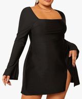 Verdusa Women’s Plus Size Square Neck Flare Long Sleeve Split A Line Short Dress Black Photo 0