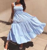Bishop & Young Light Blue Smocked Poplin Tiered Midi Dress Cotton XS Photo 0