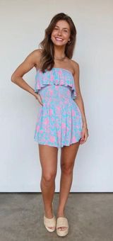 Strapless Ruffle Blue and Pink Pattern  Murphy Romper Photo 0