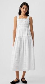 × DÔEN White Eyelet Smocked Waist Tiered Scalloped Hem Cotton Dress Small Photo 0