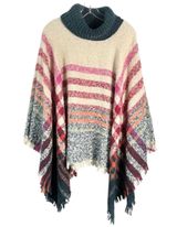 Poncho Plaid Fuzzy Knit Fringe Trim Turtleneck Pullover Sweater Top OS Photo 0