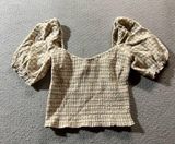 Beige & White Gingham Puff Sleeve Ruched Linen Blend Blouse Photo 0