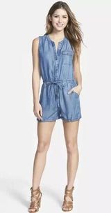 LUCKY BRAND Drawstring Sleeveless Denim Romper with Pockets medium NWT Photo 0