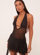 PLUNGE HALTERNECK KEYHOLE DRAPE TIERED MINI DRESS IN BLACK MESH! Photo 0