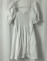 Abercrombie Smocked White Mini Dress Babydoll Square Neck Puff Sleeves Pockets Photo 0