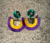 Mardi Gras Earrings Handmade Pom Pom Dangle Green Purple Gold Photo 0