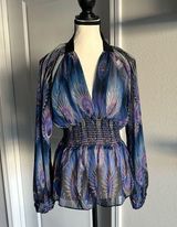 382•Sheer•Peacock Feather print•Blouse•Size‎ Large•NWT Photo 0
