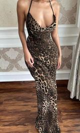 Leopard Print Backless Draped Halter Mermaid Dress, Sexy Tie Back Maxi Dress Multi Size M Photo 0
