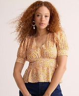 J Crew Puff-Sleeve V-Neck Top in Yellow Scattered Blooms Floral Print Size 10 Photo 0