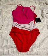 Ellen Tracy | Pink Red White High Neck One Piece Swimsuit Size 10 NWT Photo 0