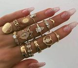 15 pcs woman's Retro Portrait Diamond Ring Set, European Gold Coins and Cross Photo 0