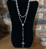 Catholic Rosary Necklace Mother of Pearl Beads Jerusalem Holy Soil Medal & Cross White Photo 0
