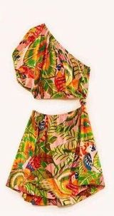 Farm Rio Macaw Leaves One-Shoulder Cut-Out Minidress XS Multicolor Summer Dress Photo 0