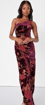 Lulus Unreal Awe Burgundy Floral Burnout Velvet One-Shoulder Dress size medium Photo 0