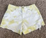 Aerie High Waist Denim Jean Shorts White and Yellow Tie Dye, Size Small Photo 0