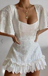 Showpo FANCY A SPRITZ SQUARE NECK MINI DRESS IN WHITE EMBROIDERY Photo 0