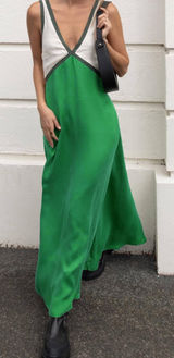 Commense Satin Colorblock Trim Minimalist Breezy Long Green Maxi Dress M Size M Photo 0
