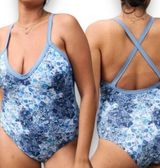 Aerie  baby blue micro multi floral strappy back vneck plunge one piece swimsuit Photo 0