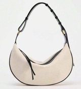 Cream & black faux linen like fabric & faux leather contrast round bag purse Photo 0