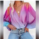Vici Kylah Ombre Rainbow Sunset Drape Bodysuit in Purple Multi Size Small Photo 0