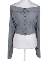 The Sang Charcoal Gray Stripe Button Down Off the Shoulder Crop Top Size Large Photo 0