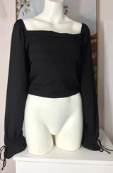 Francesca’s Mi Ami Black Square Neck Pleated Crop Long Sleeve Blouse XL Photo 0