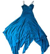 Vintage BLUE SILK RUCHED ASYMMETRICAL SHEER HEM MIDI DRESS Photo 0