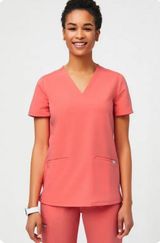- Casma Three-Pocket Scrub Top Hot Coral Nurse Doctor Medical Photo 0