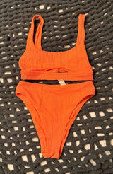 Aerie Bikini Set Coral Striped high waisted Photo 0