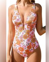 NWT CUPSHE One Piece Swimsuit Keyhole Cutout O Ring Orange floral size M Photo 0