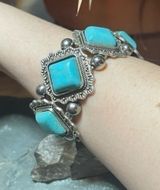 Statement Bracelet Silvertone Faux Turquoise Square Stones One Size Fits Most Silver Photo 0