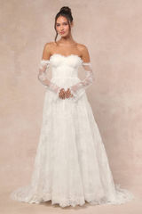 NWT Lulus Maurine White Lace Off-the-Shoulder Bustier Bridal Dress Wedding Sze M Photo 0