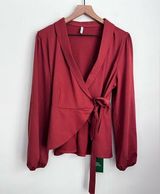 Halara Shawl Collar Wrapped Tie Side Ruffle Hem Work Blouse Reddish brown XL Photo 0