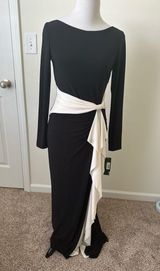 NWT Ralph Lauren Evening Long Sleeve V-Back Long Dress Black and White 4 Photo 0
