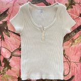 white ribbed button up short sleeve top Photo 0