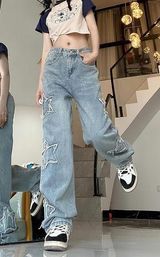 Women Loose Fit Boyfriend Jeans Baggy Y2K Straight Leg Star Patchwork Size Small Blue Photo 0