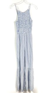 Japna Blue & White Micro Stripe Wide Ruffle Leg Smocked Tank Top Jumpsuit Romper Photo 0