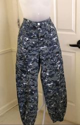 Grunge Streetwear Blue Black WhiteCamo Cargo Military Style Pants Trousers Jeans Cinched Scrunched Elastic Hem #Y2K #Utility #Rave #Skater #Gorpcore Measurement in pics Photo 0