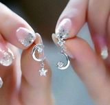 18K White Gold Plated Moon Stars Dangle Drop Earrings Silver Photo 0