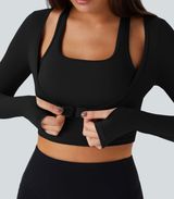 Softlyzero™ Plush Halter Thumb Hole Long Sleeve Cropped 2-in-1 Yoga Sports Top Photo 0