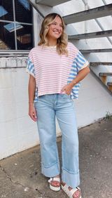 Pink and blue striped top Photo 0