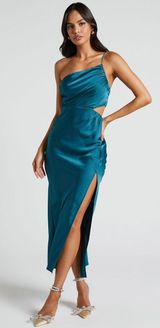 Teal Blue One Shoulder Cutout Midi/Maxi Dress Photo 0