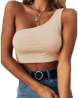 prettoday One Shoulder Rib Basic Crop Top Photo 0