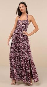 Illustrious Aura Plum Purple Floral Pleated Halter Maxi Dress Photo 0