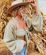 Sage Tie Crop Blouse Green Size M Photo 0