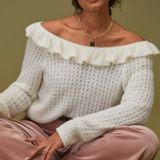 Anthropologie Ivory White Ruffled Boat Neck Soft Wool Knit Sweater Size Medium Photo 0
