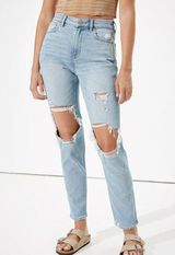 AMERICAN EAGLE AE Stretch Ripped Mom Jean Light Wash High Waisted Distressed 2 Photo 0
