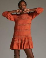 NWT By Anthropologie Tiered Puff-Sleeve Mini Dress Orange Long Sleeve Size M Photo 0