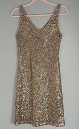 Gold sequin cocktail holiday party mini dress, small Photo 0