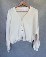 Mango Women's Ivory V-Neck Waffle-Knit Cotton Blend Cardigan Sweater Size M Photo 0